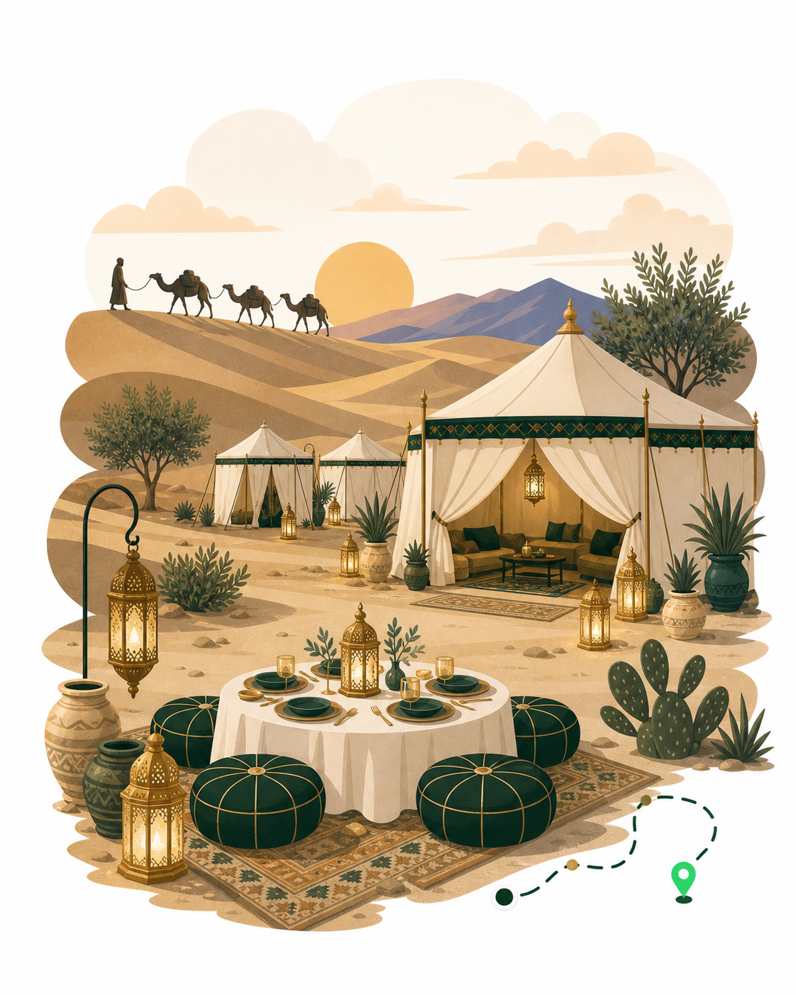 Luxury desert camp under starlit sky in the Agafay desert