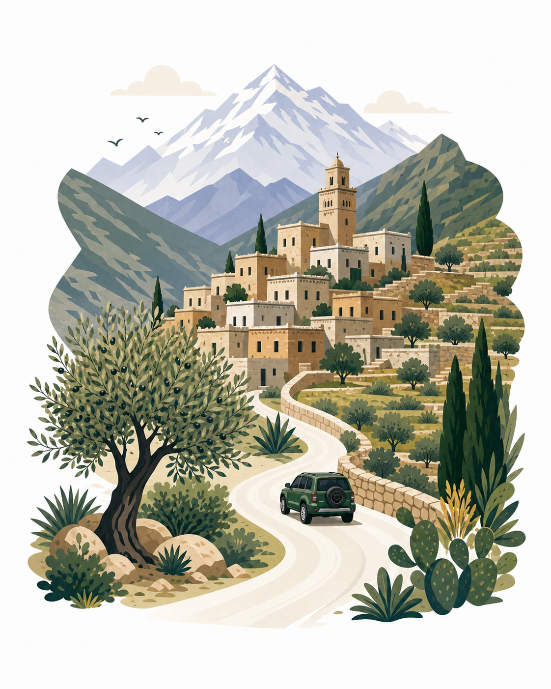 Traditional Berber village nestled in the lush Atlas Mountains valley