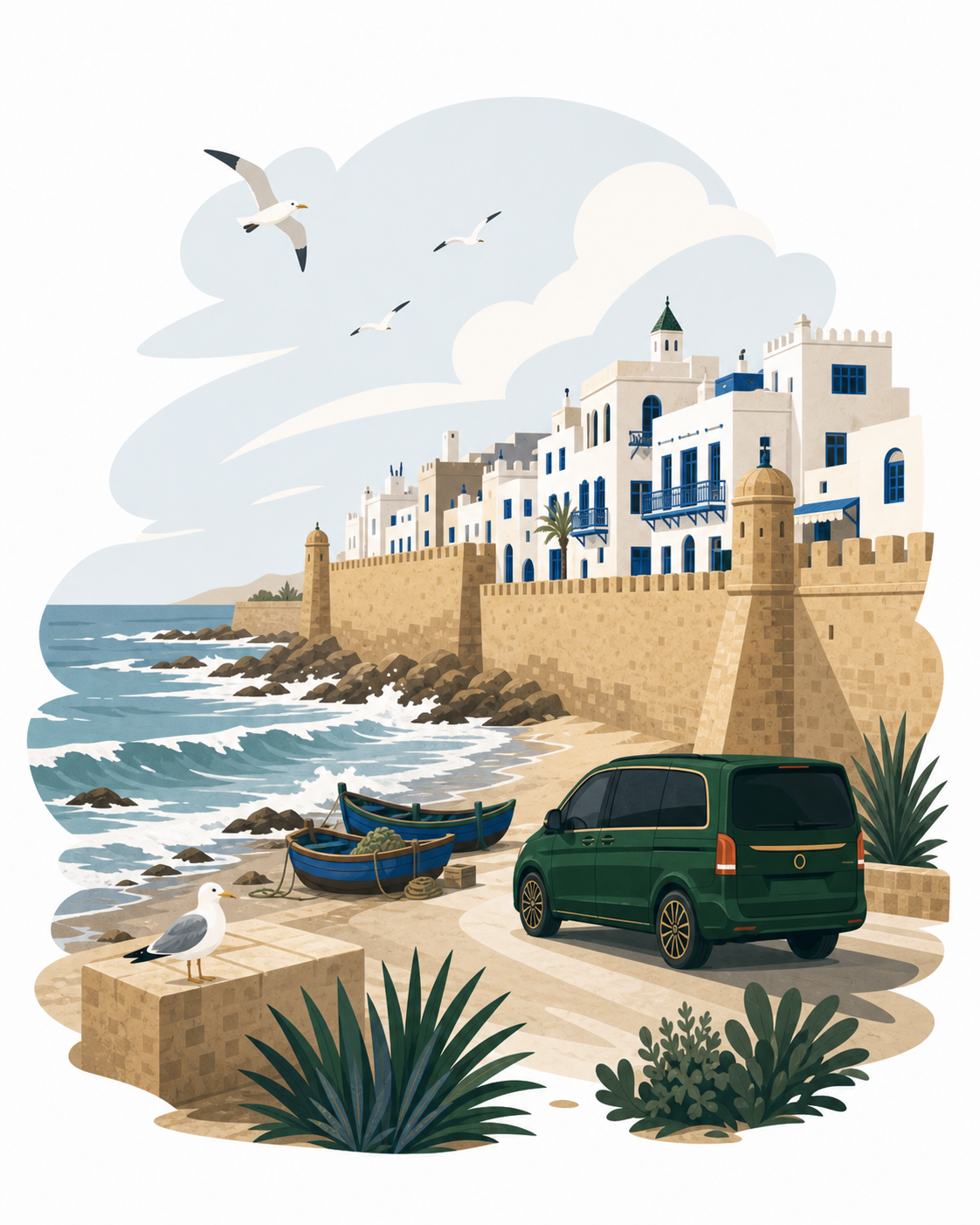 Aerial view of Essaouira coastal city with Atlantic waves